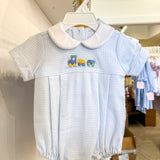 Boys Light Blue Gingham Train Bubble