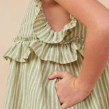 Avery Sage Striped Linen Ruffle Dress