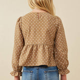 Mocha Polka Dot Cinched Cuff Peplum Top