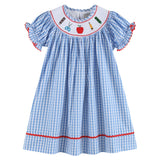 Blue Gingham School Supplies Smocked Dress