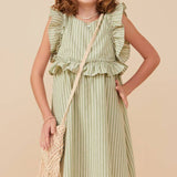 Avery Sage Striped Linen Ruffle Dress
