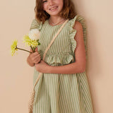 Avery Sage Striped Linen Ruffle Dress