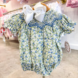 Jessica Blue Floral Smocked Bubble
