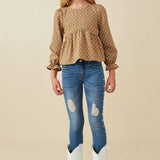 Mocha Polka Dot Cinched Cuff Peplum Top