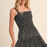 Black Floral Tween Girls Smocked Knit Tiered Mini Dress