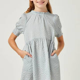 Sophie Girls Seersucker Gingham Smock Cuff Dress