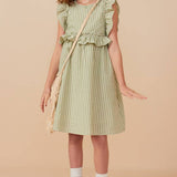 Avery Sage Striped Linen Ruffle Dress