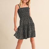 Black Floral Tween Girls Smocked Knit Tiered Mini Dress