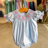 Blue & Pink Bow Smocked Romper
