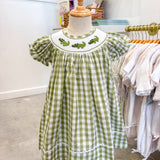Green Gingham Alligator Smocked Bishop Dress