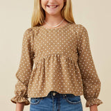 Mocha Polka Dot Cinched Cuff Peplum Top