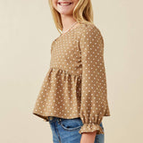Mocha Polka Dot Cinched Cuff Peplum Top