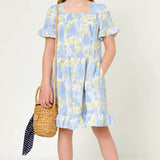 Girls Blue Mix Textured Floral Smocked Midi Dress