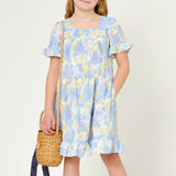 Girls Blue Mix Textured Floral Smocked Midi Dress