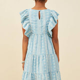 Girls Blue Embroidered Ruffle Lace Dress