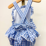Blue Gingham Goose Lace Bow Ruffle Romper