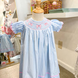 Blue & Pink Bow Smocked Bishop Dress
