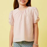 Girls Pink Seersucker Textured Puff Sleeve Top