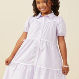 Girls Lavender Contrast Piping Ribbon Button Dress