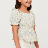 Girls Ivory Embroidered Eyelet Ruffled Floral Peplum Top