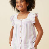 Girls Purple Striped Square Neck Ruffled Top