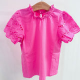 Pink Scalloped Eyelet Lace Sleeve Top