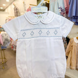 White/Blue Smocked Embroidered Diamond Creeper