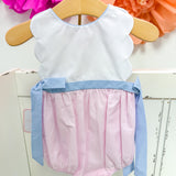 Pink Check Scalloped Bubble w/ Blue Side Bows