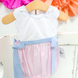 Pink Check Scalloped Bubble w/ Blue Side Bows
