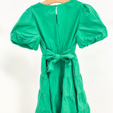 Kelly Green Bow Back Puff Sleeve Poplin Dress