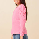 Girls Pink Pleated Puff Shoulder LS Knit Top