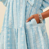 Girls Blue Embroidered Ruffle Lace Dress