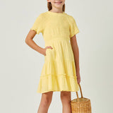 Girls Yellow Smocked Tiered Swiss Dot Dress