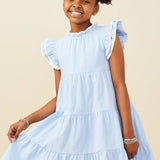 Girls Blue Contrast Piped Ruffle Dress