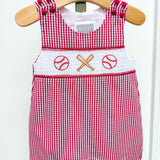 Red Gingham Baseball Smocked Shortalls