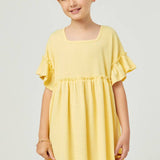 Girls Yellow Smocked Knit Ruffle Sleeve Dress