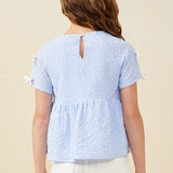 Girls Blue Gingham Contrast Ribbon Babydoll Top