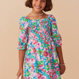 Girls Multi Vivid Floral Smocked Long Sleeve Dress
