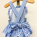 Blue Gingham Goose Lace Bow Ruffle Romper