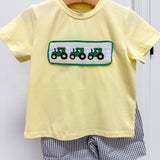 Green Tractor Smocked T-Shirt and Gray Gingham Shorts Set