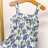 Blue Floral print Pleat Poplin Dress