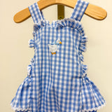 Blue Gingham Goose Lace Bow Ruffle Romper