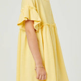 Girls Yellow Smocked Knit Ruffle Sleeve Dress