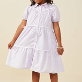 Girls Lavender Contrast Piping Ribbon Button Dress