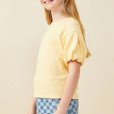 Girls Yellow Box Pleat Puff Sleeve French Terry Top
