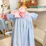 Blue & Pink Bow Smocked Bishop Dress
