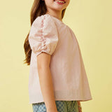 Girls Pink Seersucker Textured Puff Sleeve Top