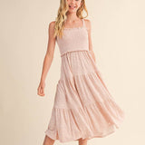 Pink Floral Tween Girls Smocked Tiered Midi Dress