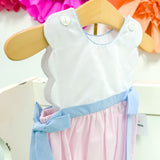 Pink Check Scalloped Bubble w/ Blue Side Bows