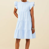 Girls Blue Contrast Piped Ruffle Dress